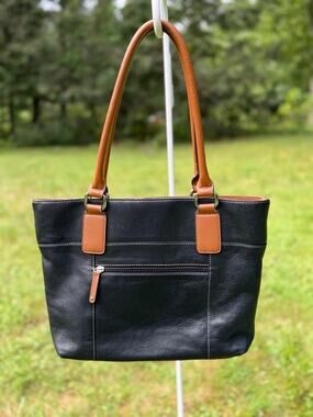 Tignanello Pebbled Leather Black & Cognac Tote Shoulder Bag
